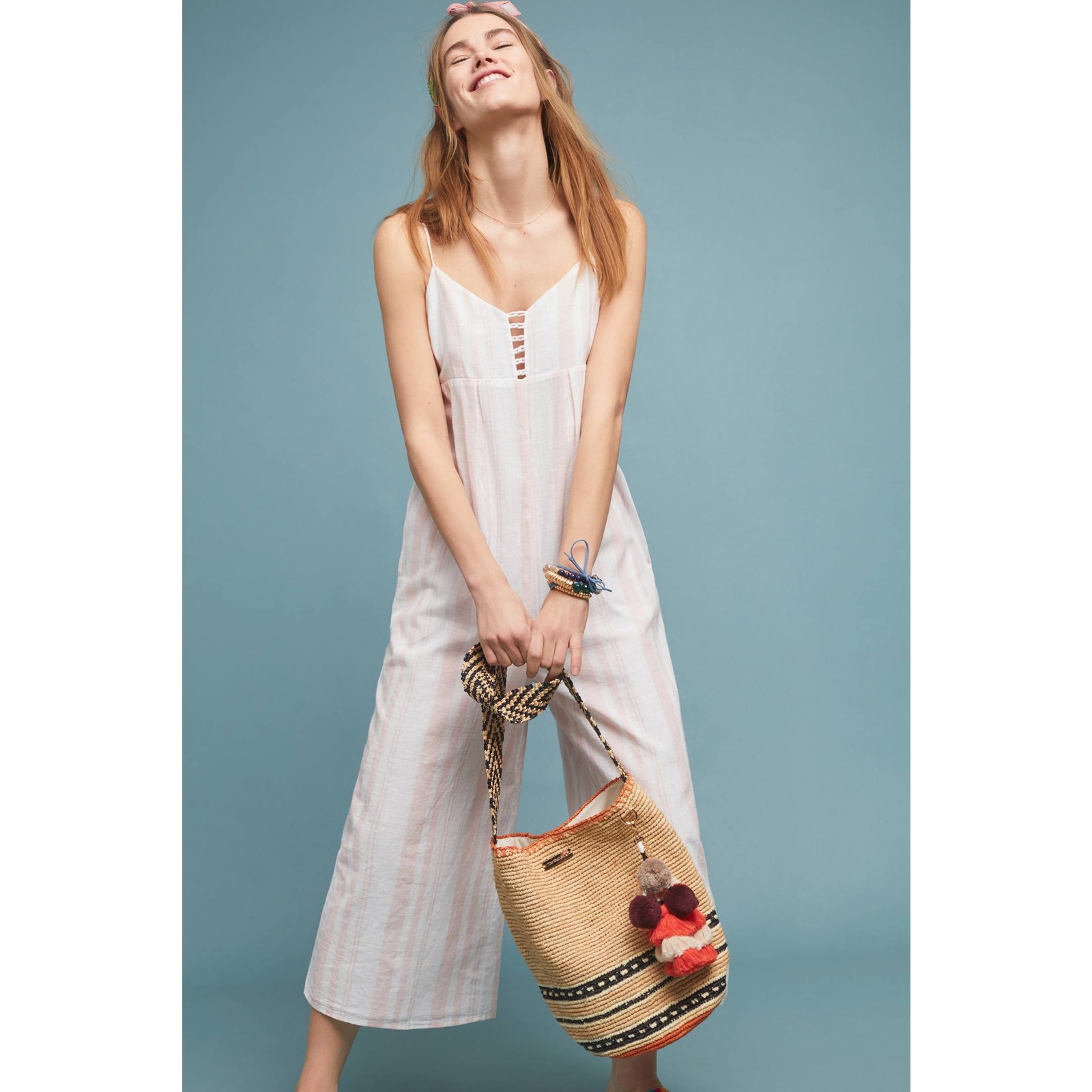 New Anthropologie Peachy Keen Jumpsuit SMALL 160 Pink V-neck Cotton Cropped
