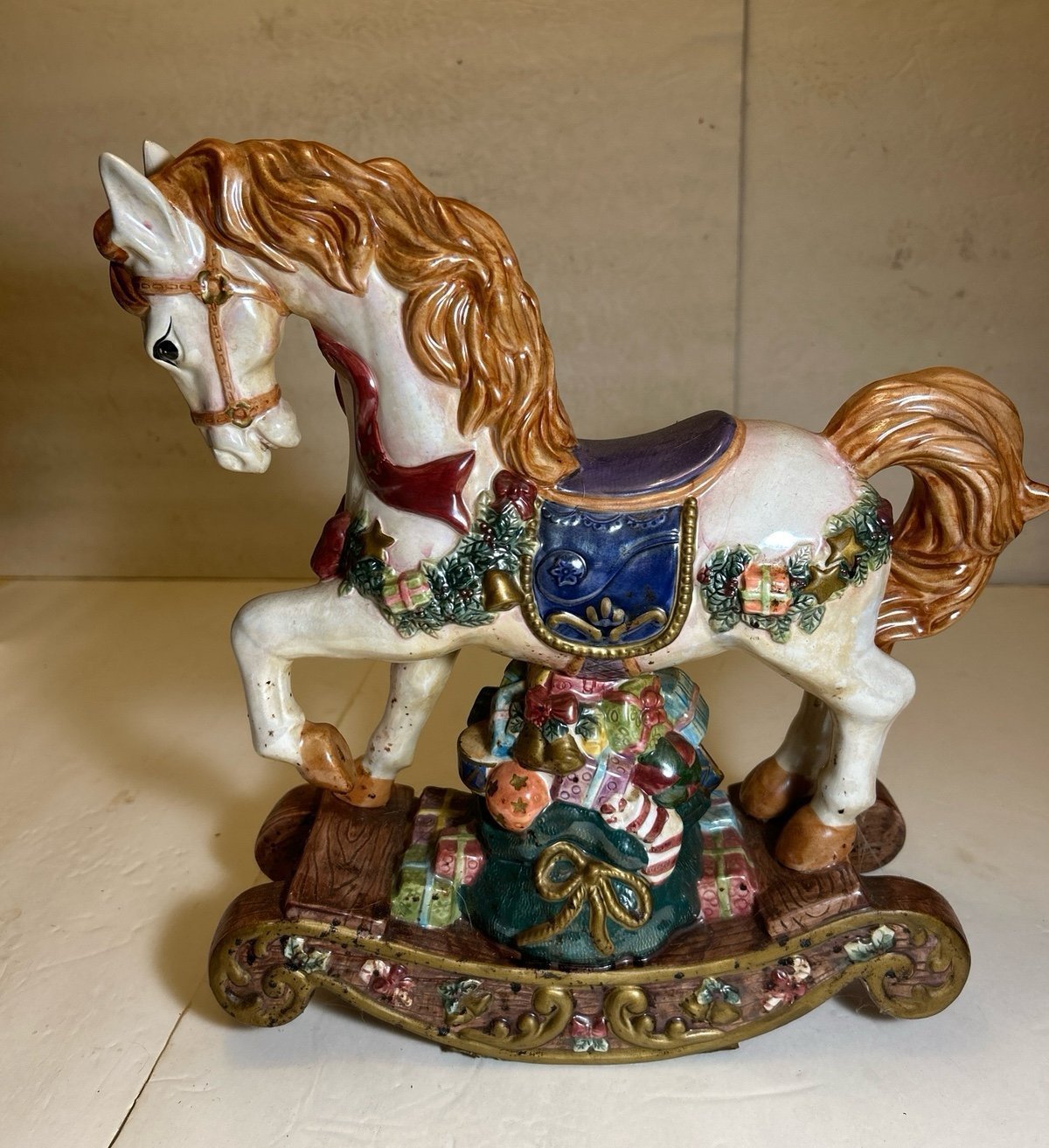 Vintage Extra Large Ceramic Christmas Rocking Horse Pristine Condition