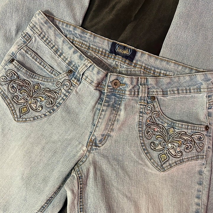 Angels light wash lowrise flared jeans with embroidered pockets
