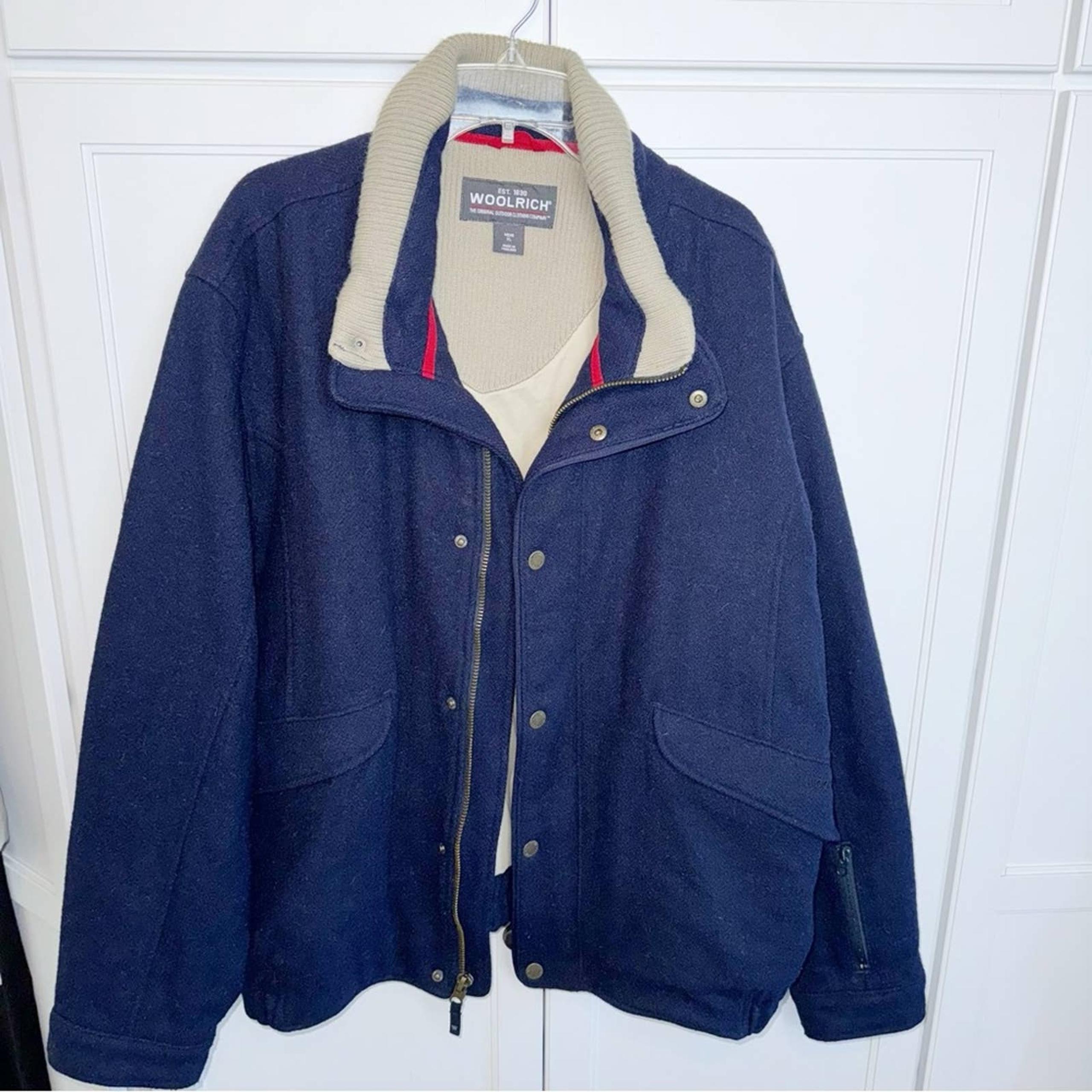 Woolrich Vintage Men’s Wool Navy Blue Bomber Jacket XLarge Warm Winter Coat