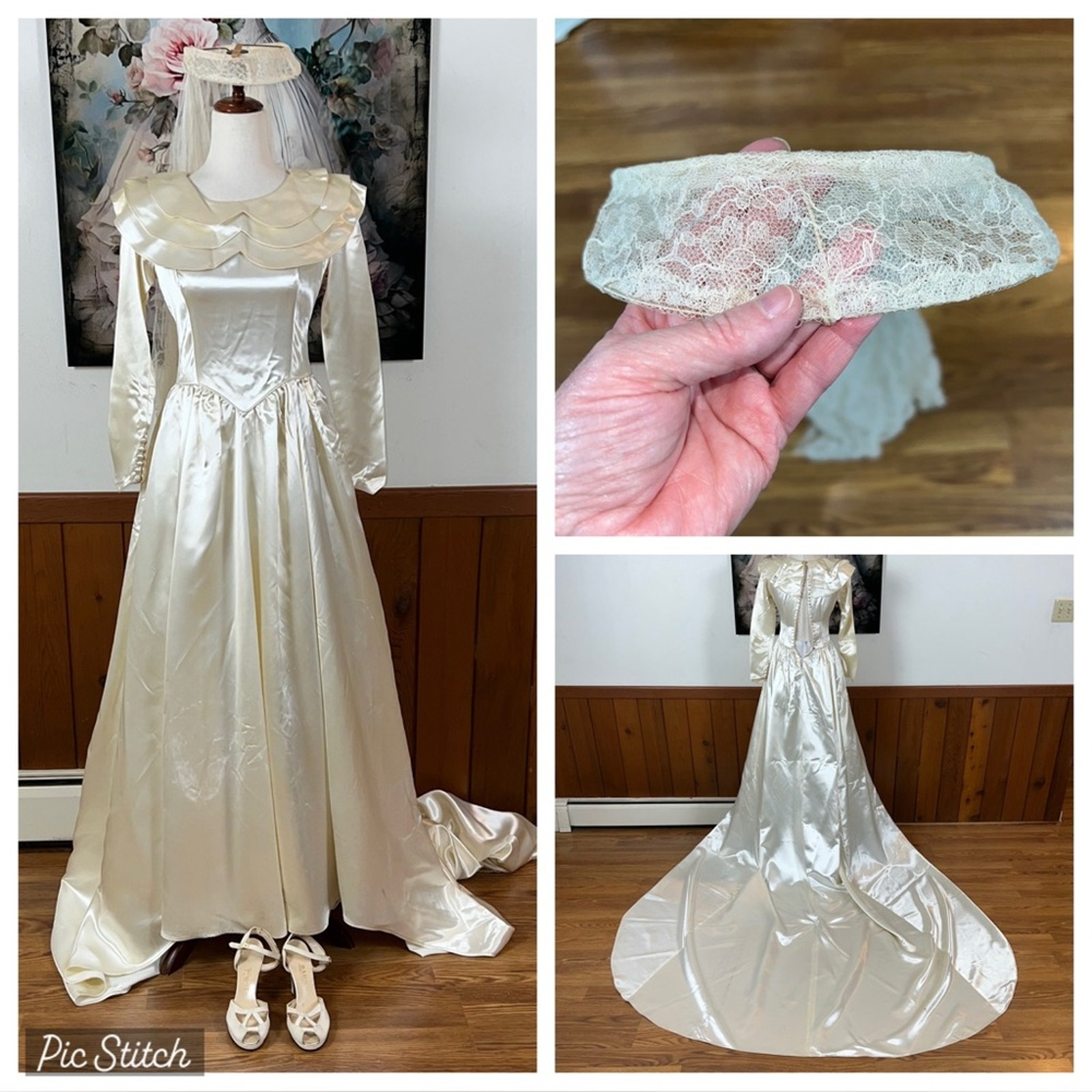 Spectacular Vintage 1940s American Bridal Liquid Satin Wedding Gown Shoes & Veil