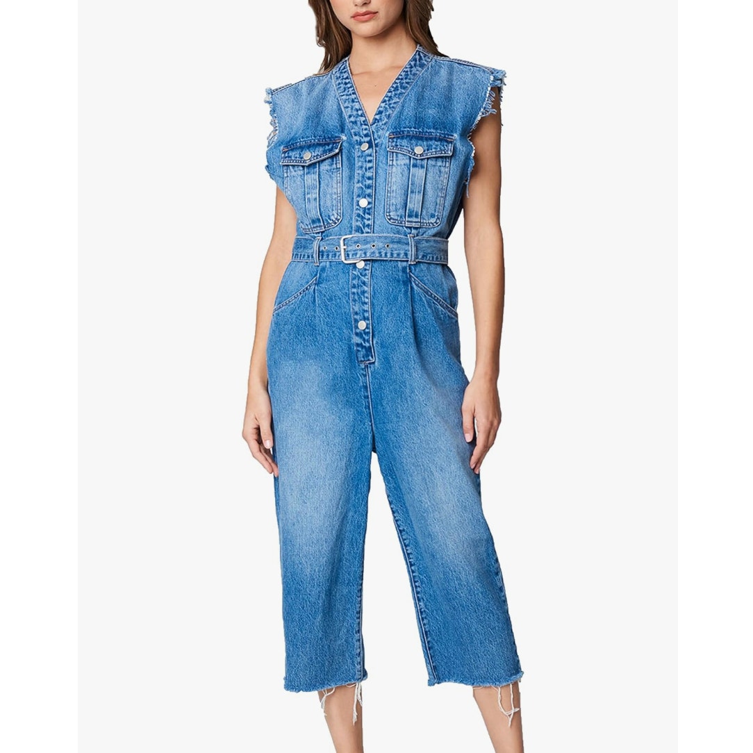 Blank NYC Denim Jumpsuit Belt Crop Raw Straight Leg Sleeveless Snap Button XS