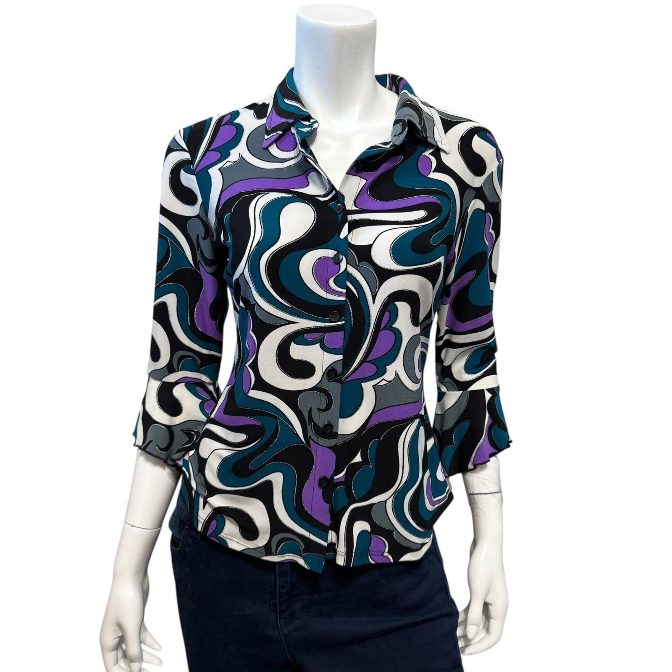 VINTAGE Y2K 90s 70s Style Button Front Shirt Groovy Mod Hippie Print Stretch M