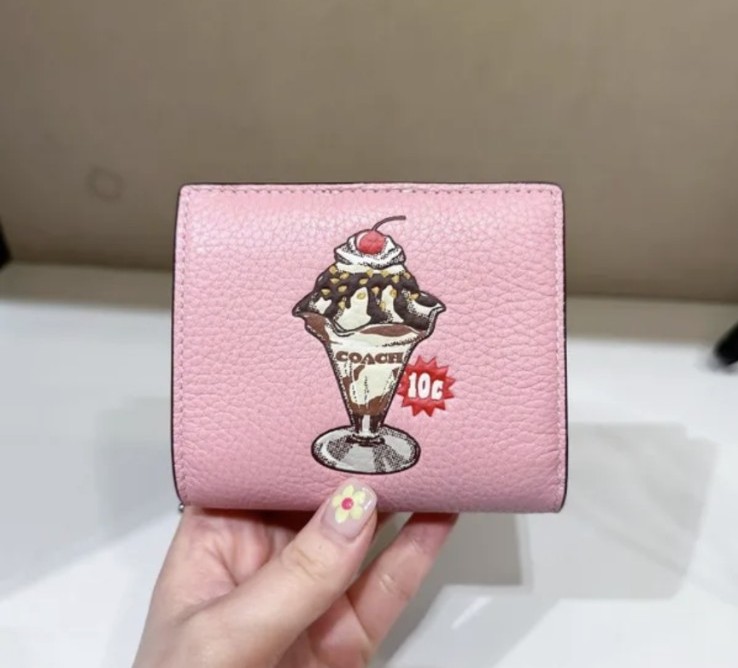 Coach CU385 Snap Wallet Sundae Graphic Clutch Cherry Blossom Pebbled Leather