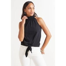 Red Haute Poplin Black Tie Front High Neck Top Tank Blouse