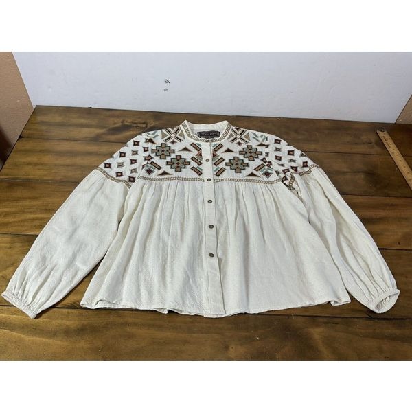 Double D Ranch Embroidered Aztec Many Adventures Ivory Size XS Blouse