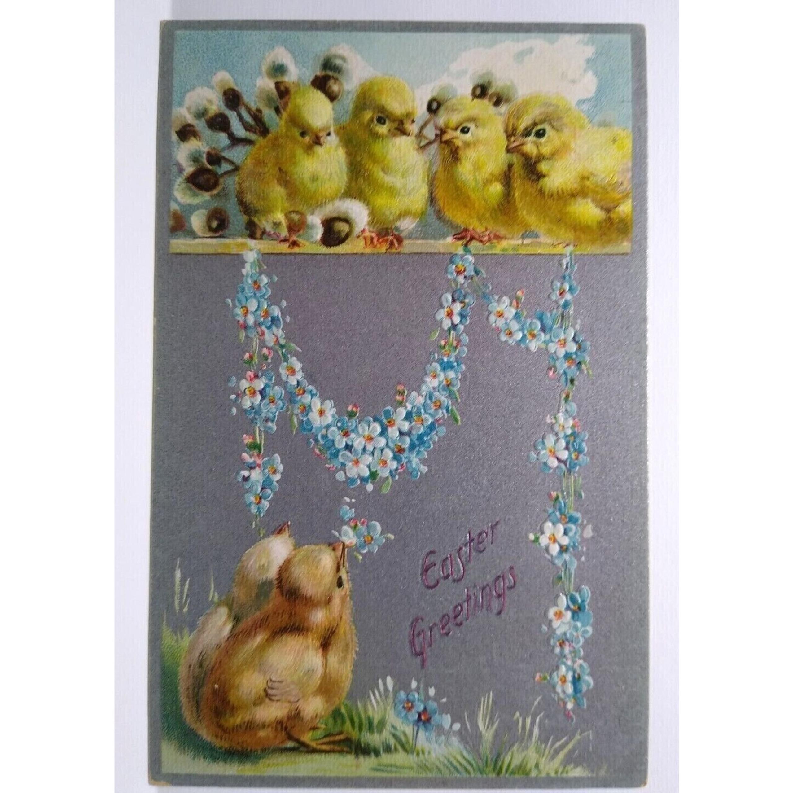 Easter Postcard Baby Chicks Tucks 701 Forget Me Not Flowers Embossed Vintage