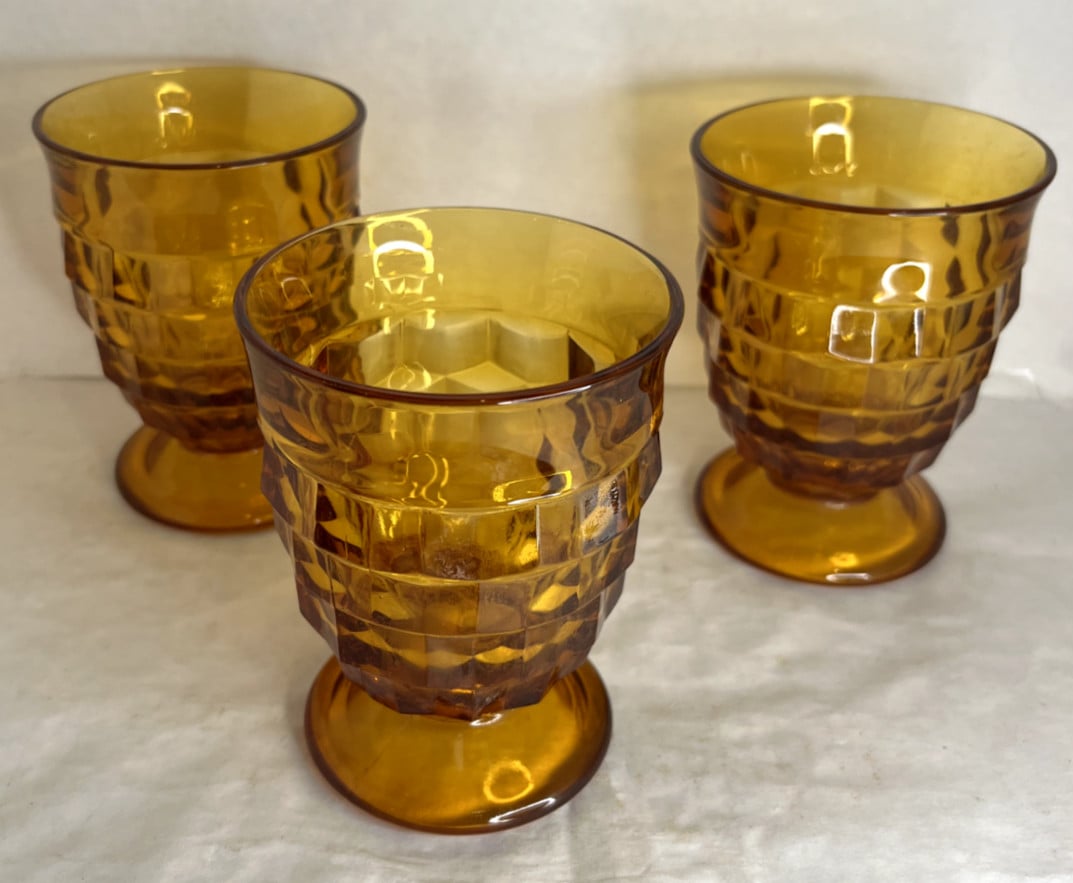 Vintage Indiana Glass Whitehall Amber Cubist Footed Drinking Glasses Set of 3