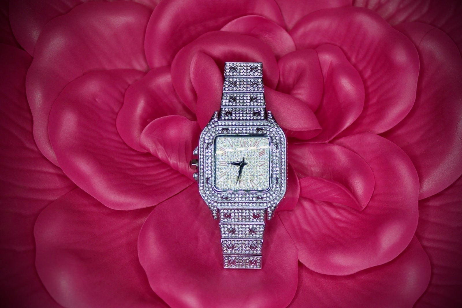 Iced out woman watch with pink hand