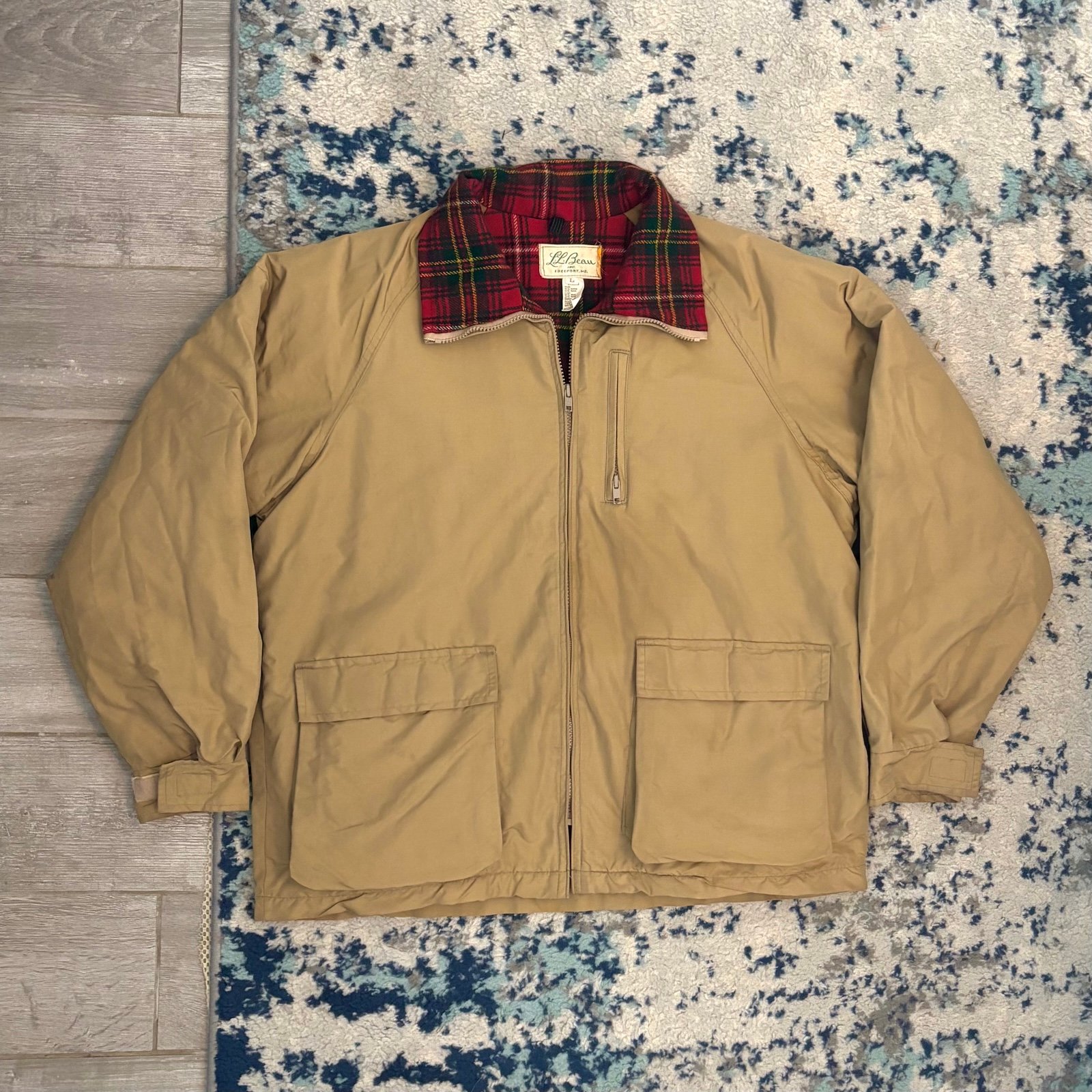 Vintage L.L. Bean 1970s Tag Jacket Chore Utility Plaid Lined Large LL Bean