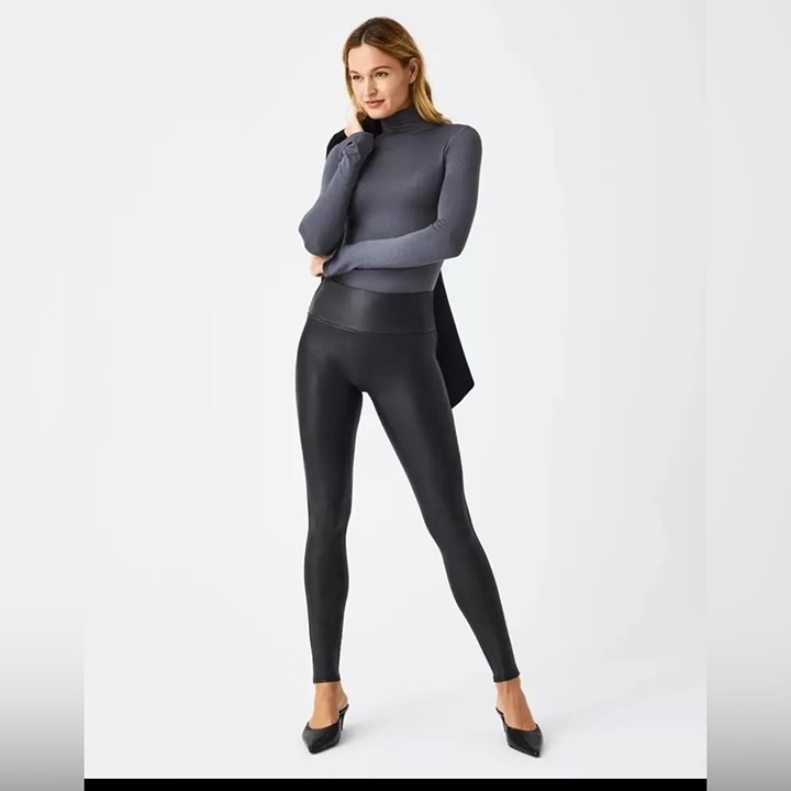SPANX Faux Leather Black Power Waistband High Waist Leggings size small