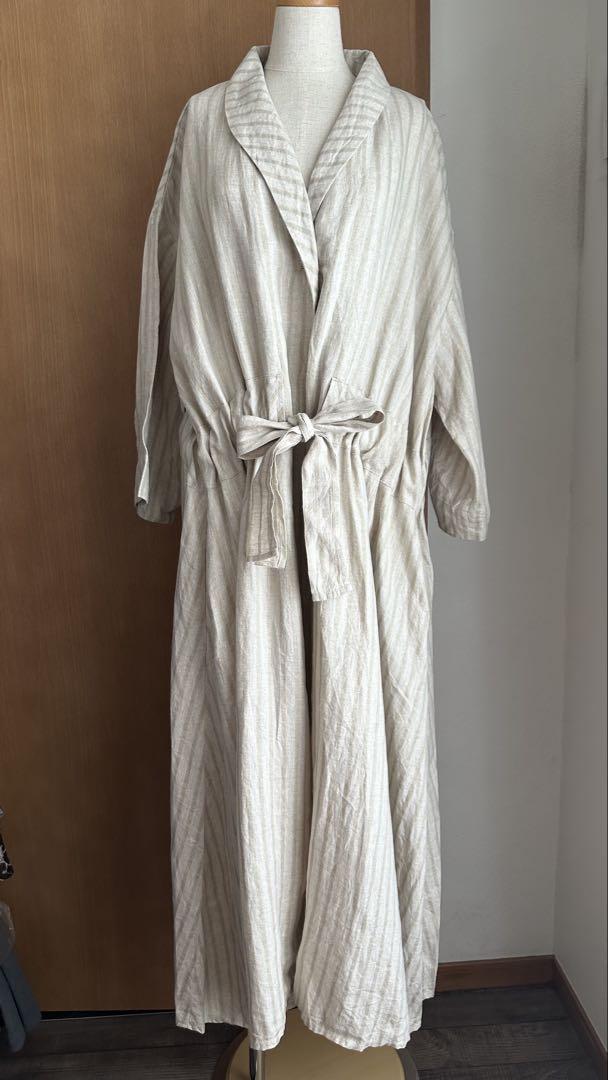 Gauze Stripe Linen Gown Coat Long F Beige