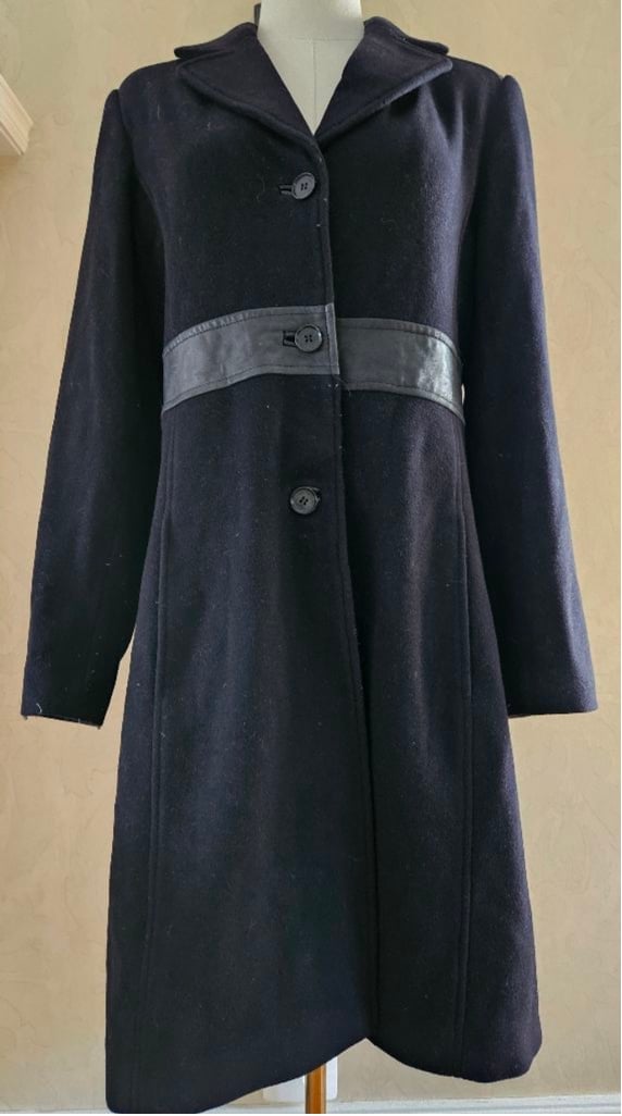 Andrew Marc New York Black Wool/Cashmere Leather Trim Button Down Peacoat-Size 8