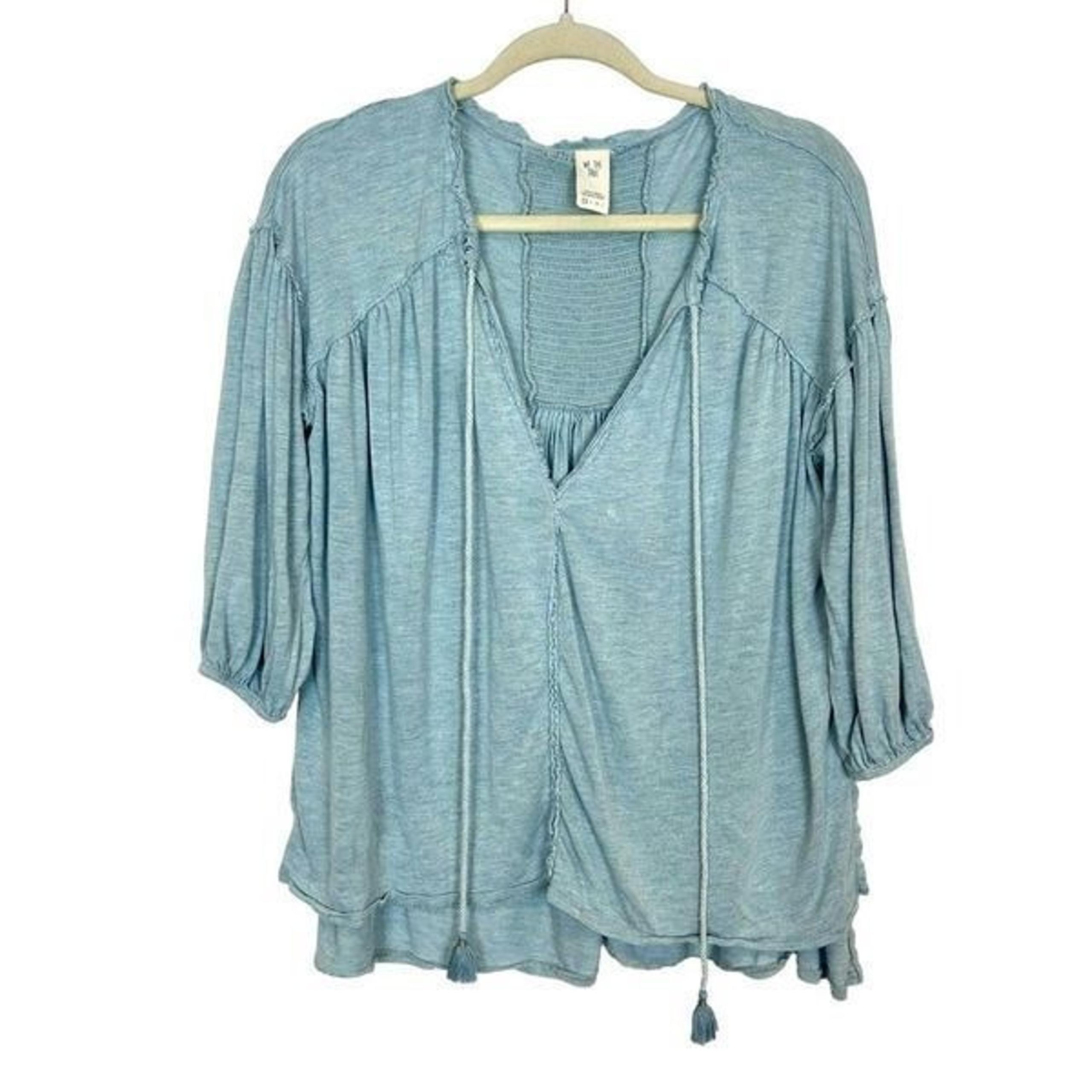 We The Free People Linen Knit Top Light Blue Oversized XS Blouse Tie front