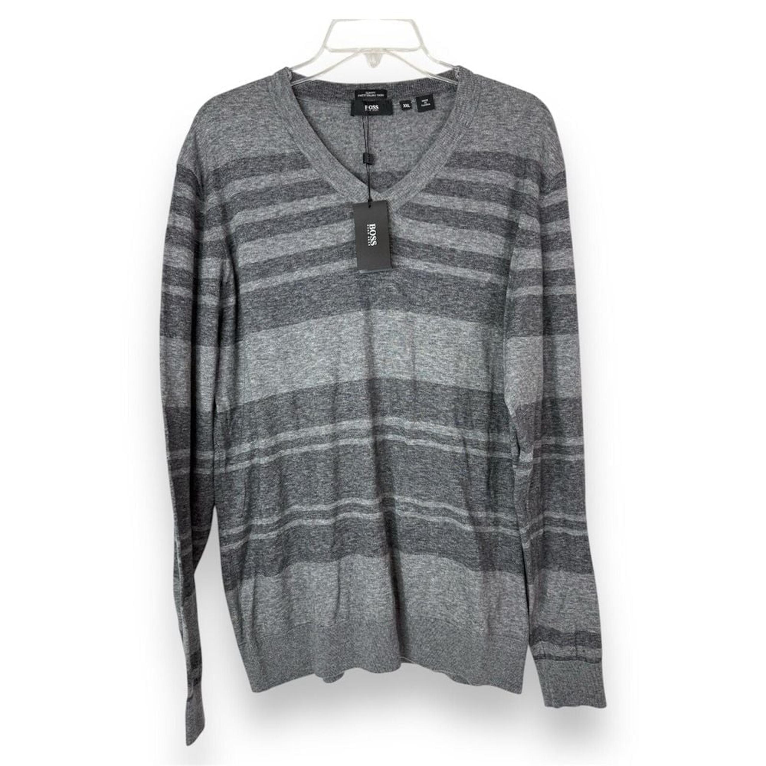 Hugo Boss Sweater Mens XXL Slim Fit V Neck 100% Cotton Italian Yarn Gray Striped
