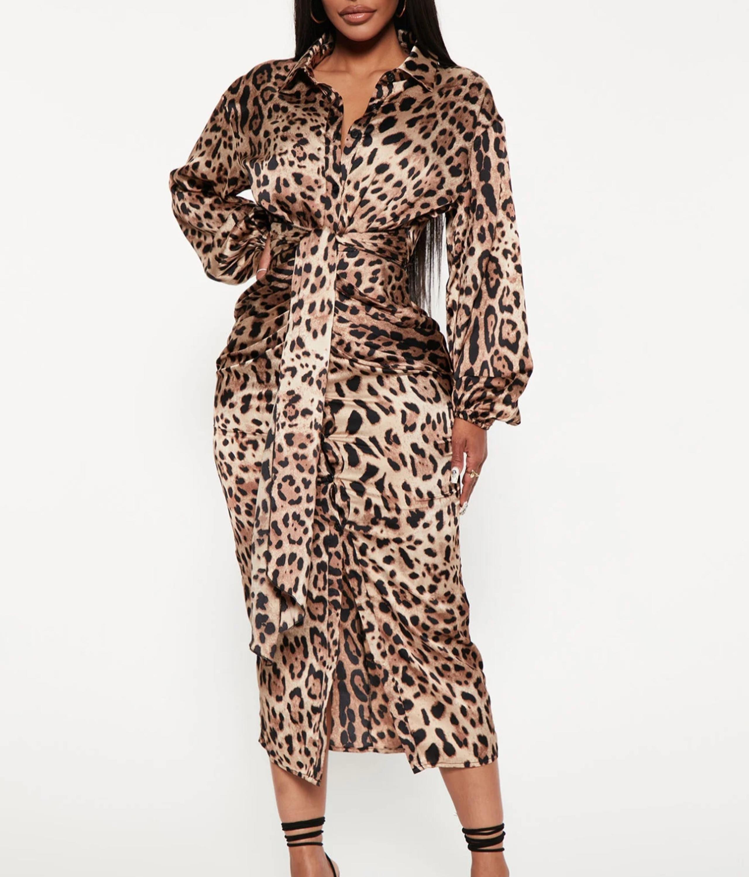 Fashion Nova Brown Black Leopard ‘Make Me Roar’ Midi Dress Womens Size Medium