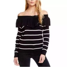 Chaser Ruffle Striped Ribbed Off the Shoulder Sweater Black/White Size Medium