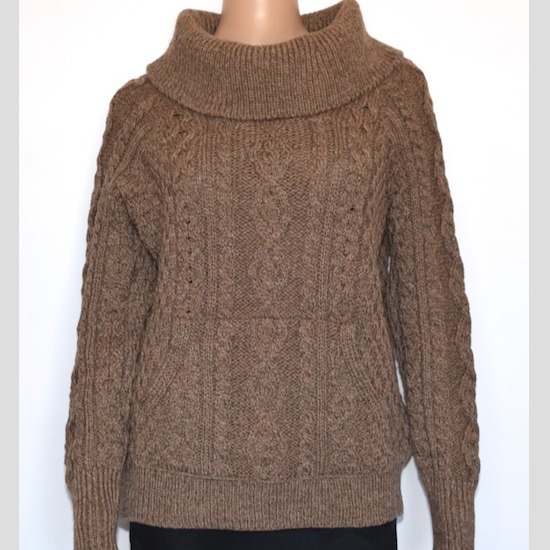 Carraig Donn Ireland Brown Cable Knit Cowl Neck Kangaroo Pocket Sweater Size M