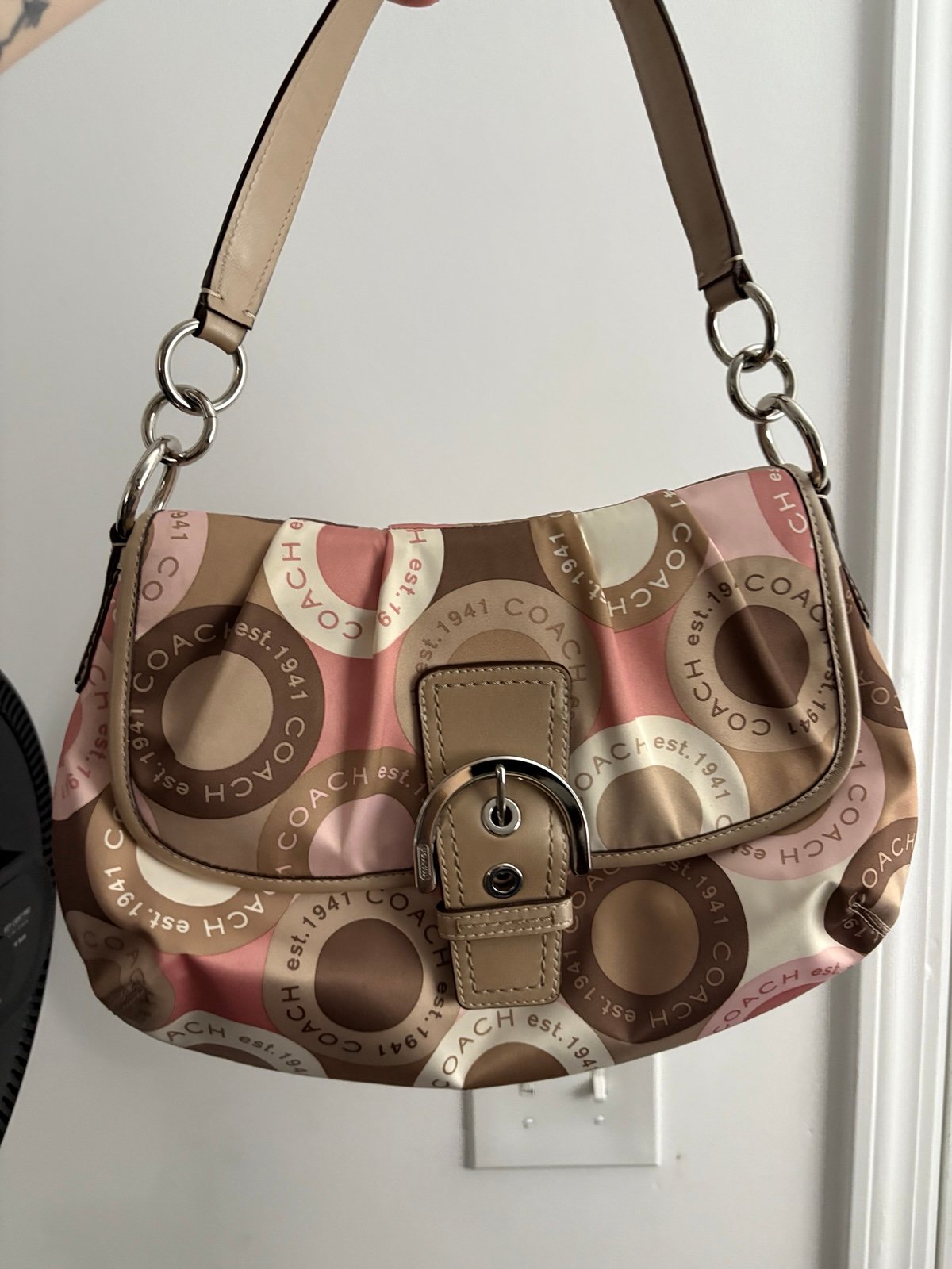 Coach Pink/Beige Satin Circle Print SoHo shoulder bag.