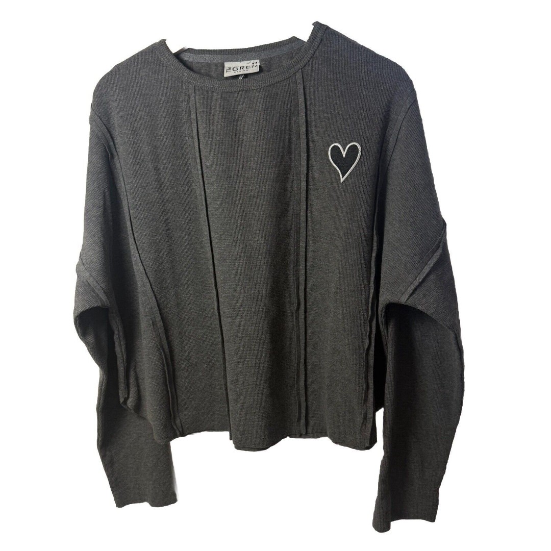 The GREii Top Womens Medium Gray Waffle Knit Heart Embroidered Thermal Lounge