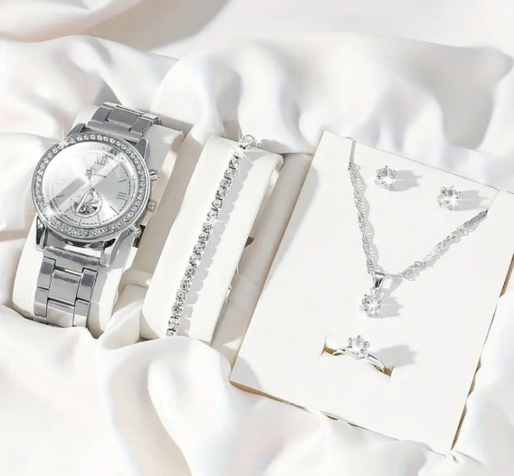 6pcs/set Women's Simulated Diamond Quartz Watch Analog Wrist Watch jewelry set