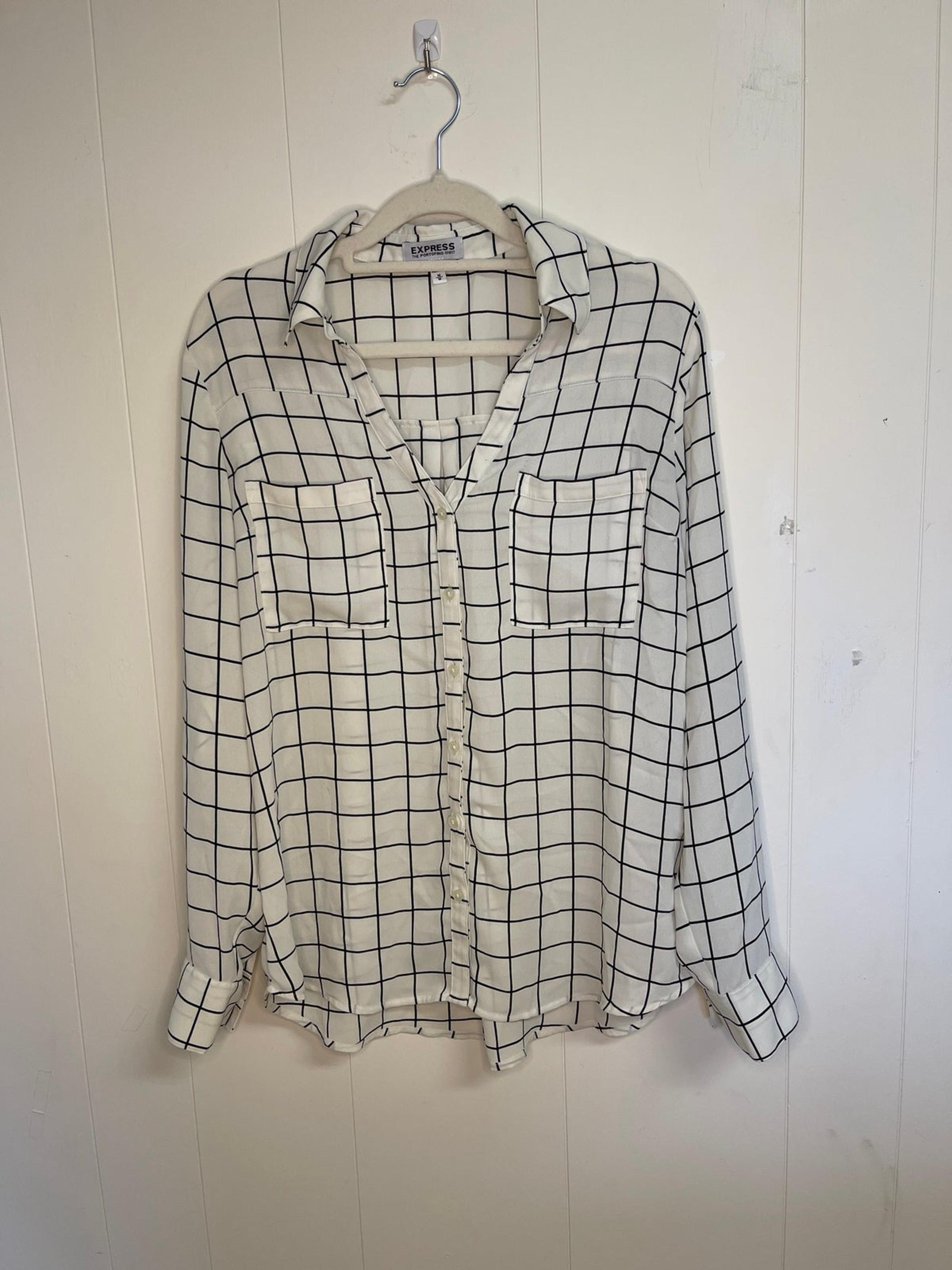 Women’s Medium Express Portofino Shirt Cream Black Square Window Pane