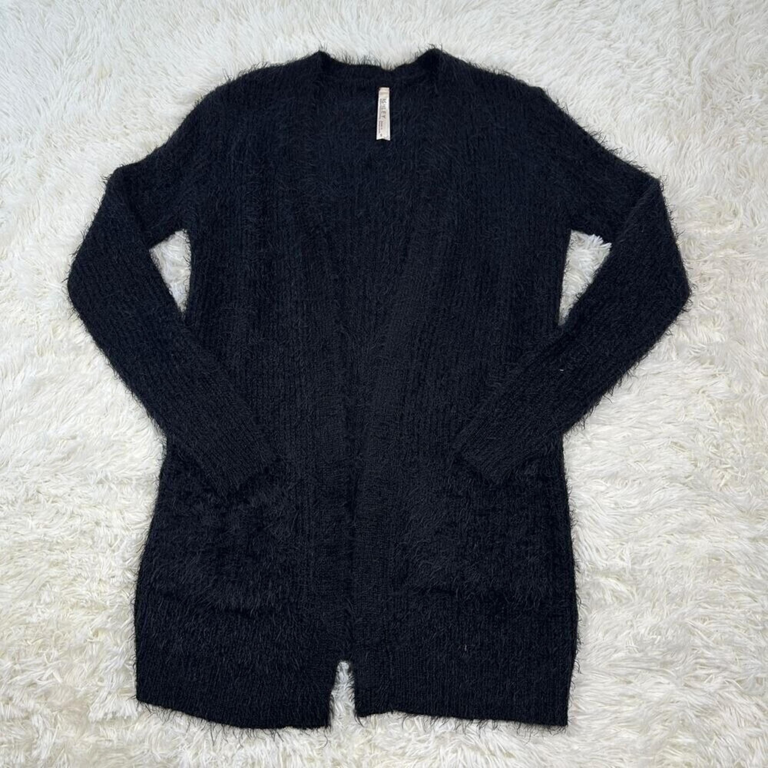Ashley by 26 International Fuzzy Feather Knit Cardigan Cozy Soft Black Small