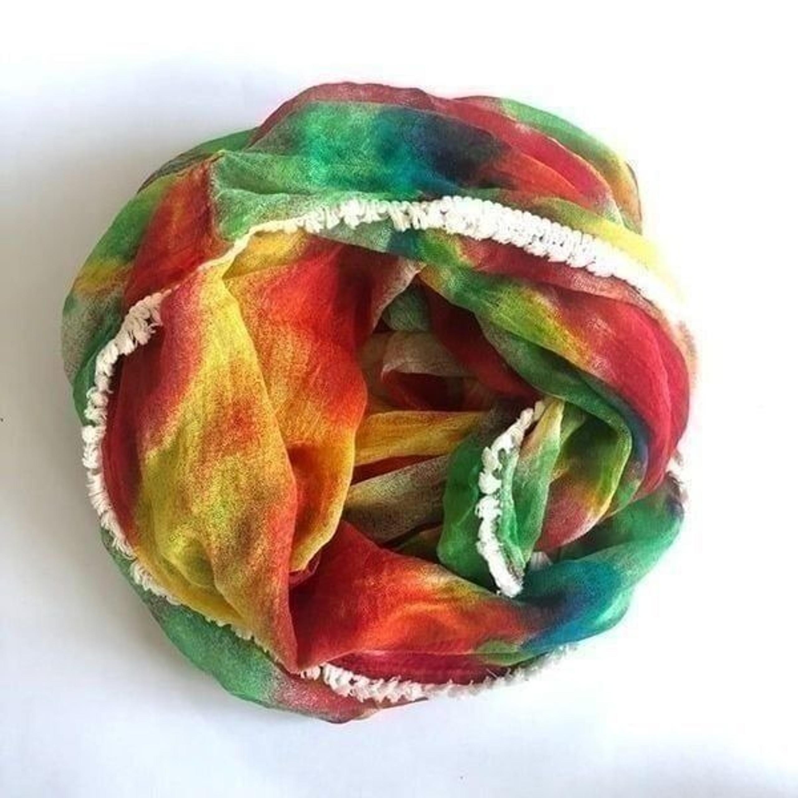 Betsey Johnson Boho Colorful Tie Dye Gauze Fabric Fringe Trim Infinity Scarf