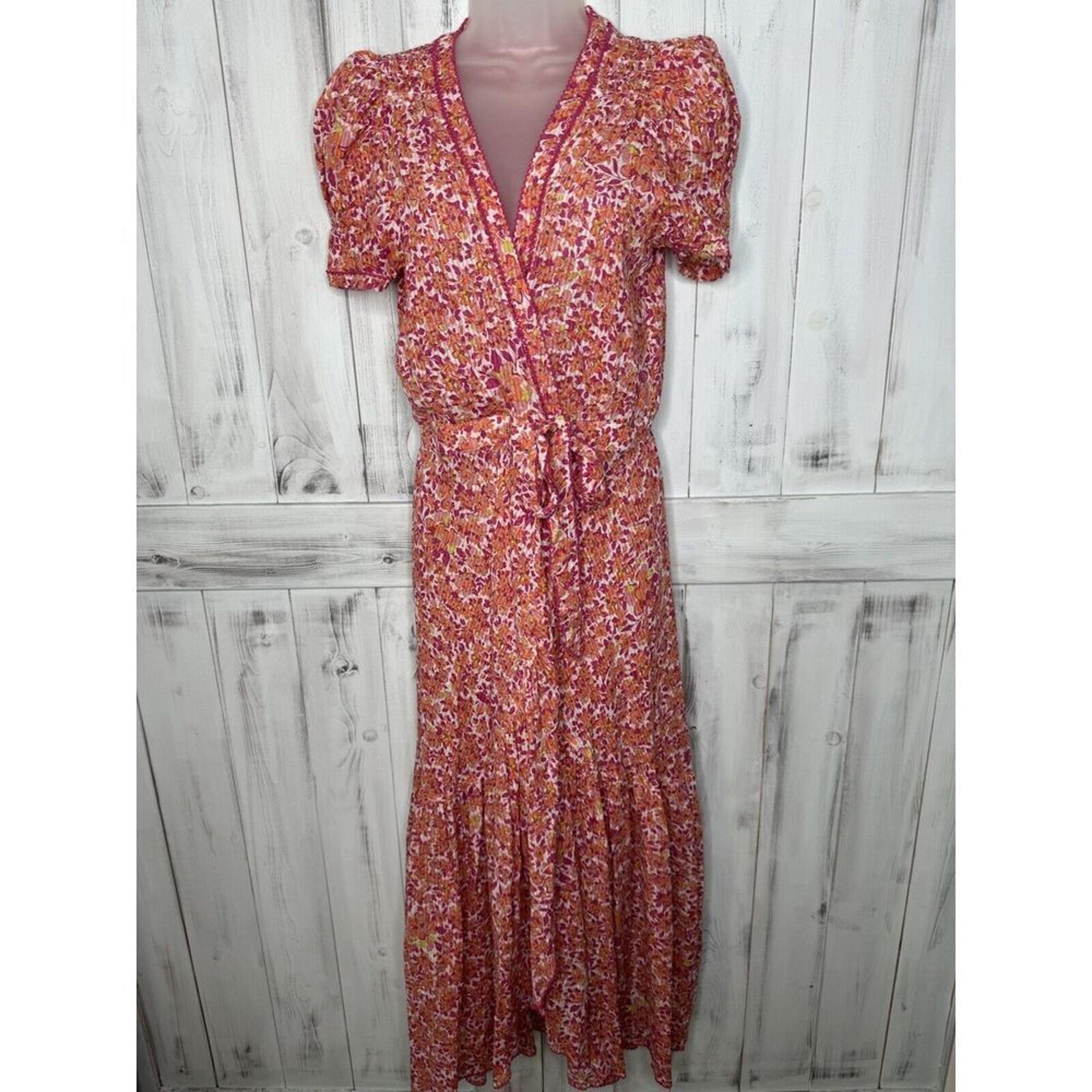 POUPETTE ST BARTH LONG DRESS BABA PINK NET FLORAL COTTON MIDI MSRP $510 MEDIUM