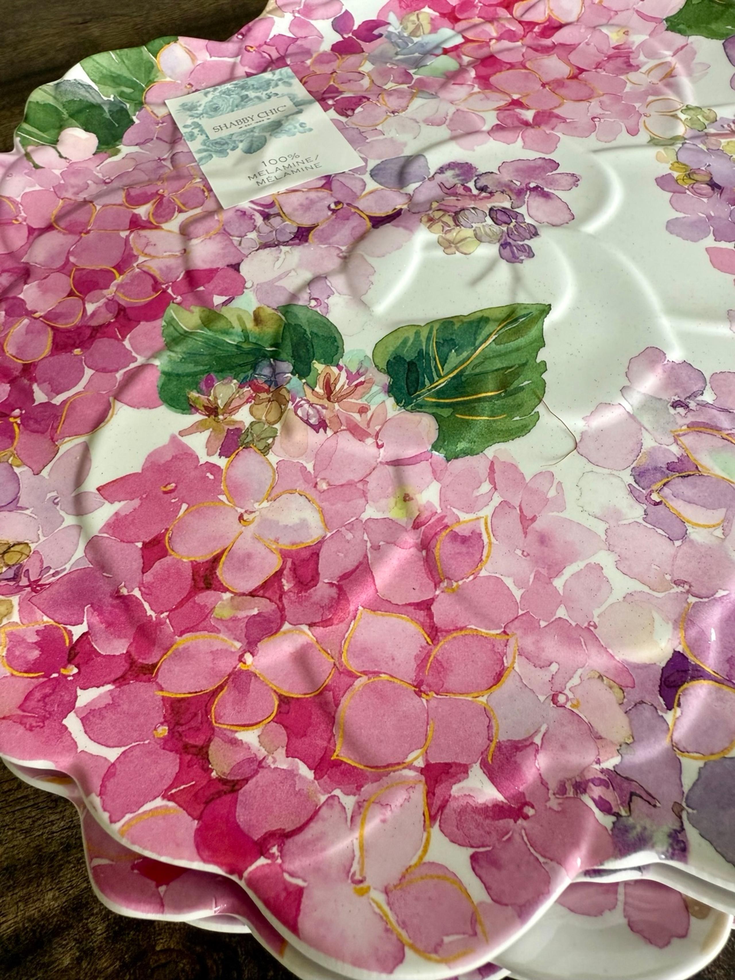 Pink Shimmer Hydrangea Melamine 6pc FLORAL DINNER PLATE Set NEW NWT - Shabby Chic