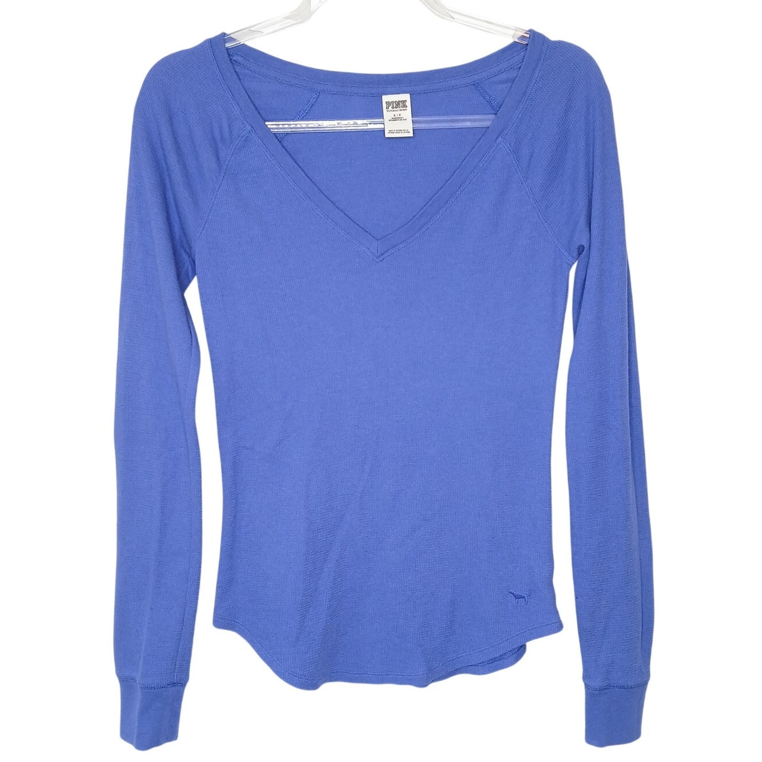 VS PINK Y2K Blue Long Sleeve Waffle Knit V Neck Womens SM Preppy Basic Comfy