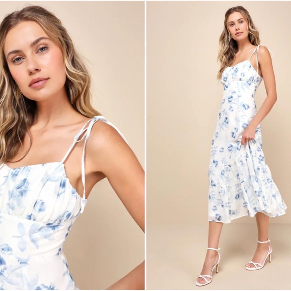LULU's Bridal White Floral Elegant Flowy Wedding Vacation Resort Midi Dress