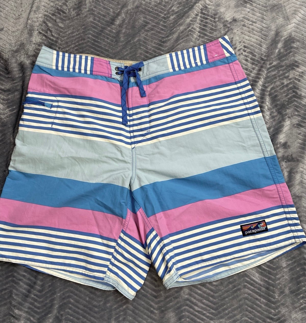 Mens Patagonia Wavefarer Pink Blue White Stripe Board Shorts 36