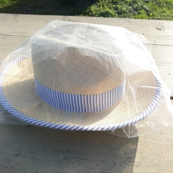 Brooks Brothers Small Womens Panama Fedora Hat Sun Beach Straw Blue White Trim