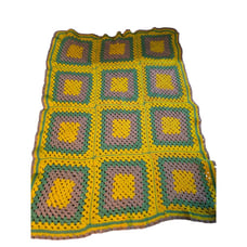 Vintage 70s Yellow Green Grannysquare Hippie Blanket Throw