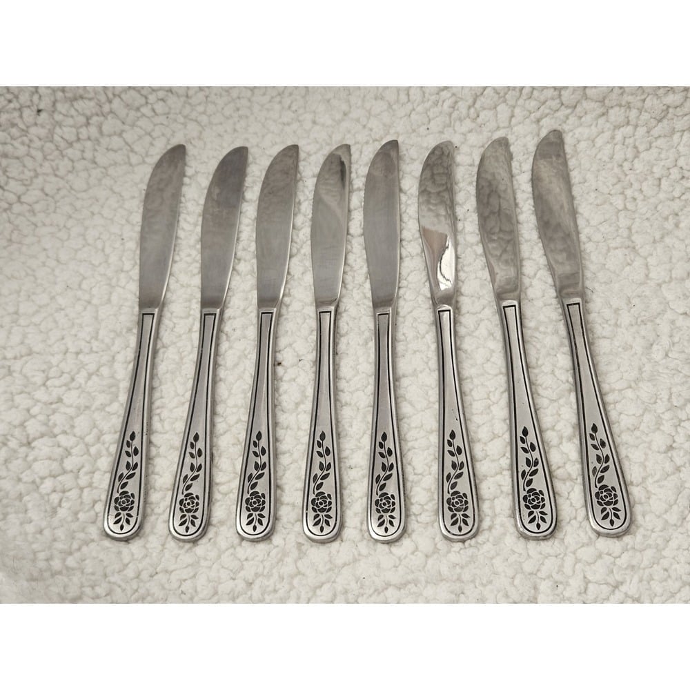 SET OF 8 ROGERS STANLEY ROBERTS FLORAL MIST STAINLESS STEEL KNIVES