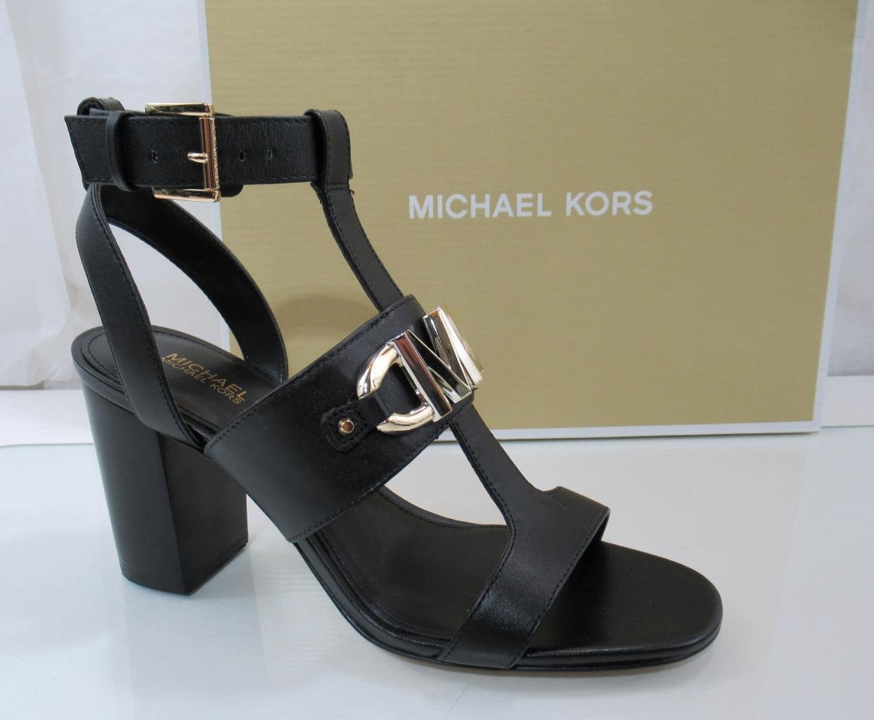Michael Kors Izzy T-Strap Sandal Embellished Heels Leather Black Size 7