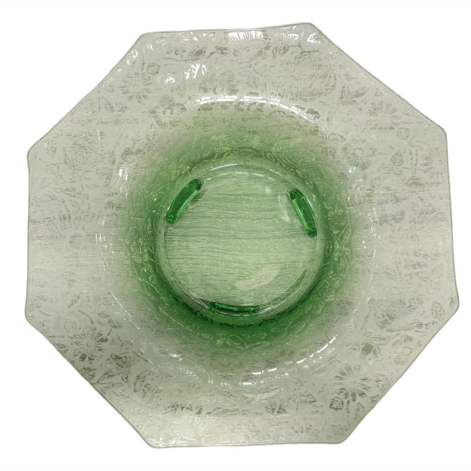 Vintage 1930s Green Floral Depression Glass 11 Octagonal Bowl