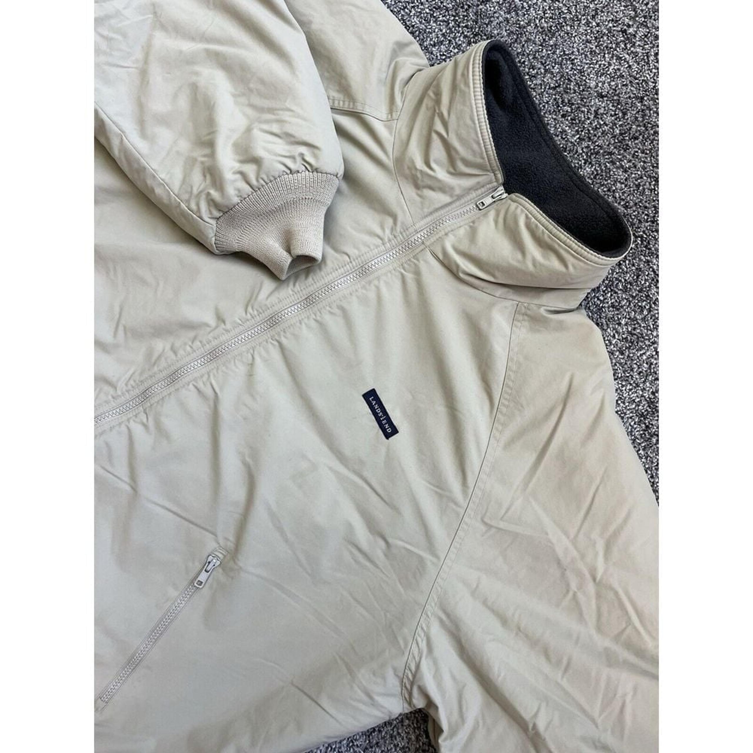 Lands End Mens Bomber Jacket Soft Shell Beige Zip Logo Gray Fleece Lined Size XL