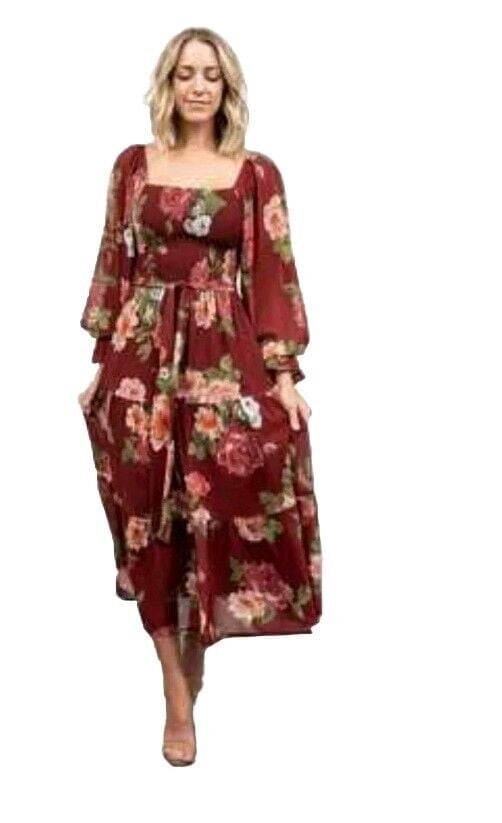 Baltic Born Smocked Floral Midi Dress Size Medium Burgundy Sheer Sleeves Lined