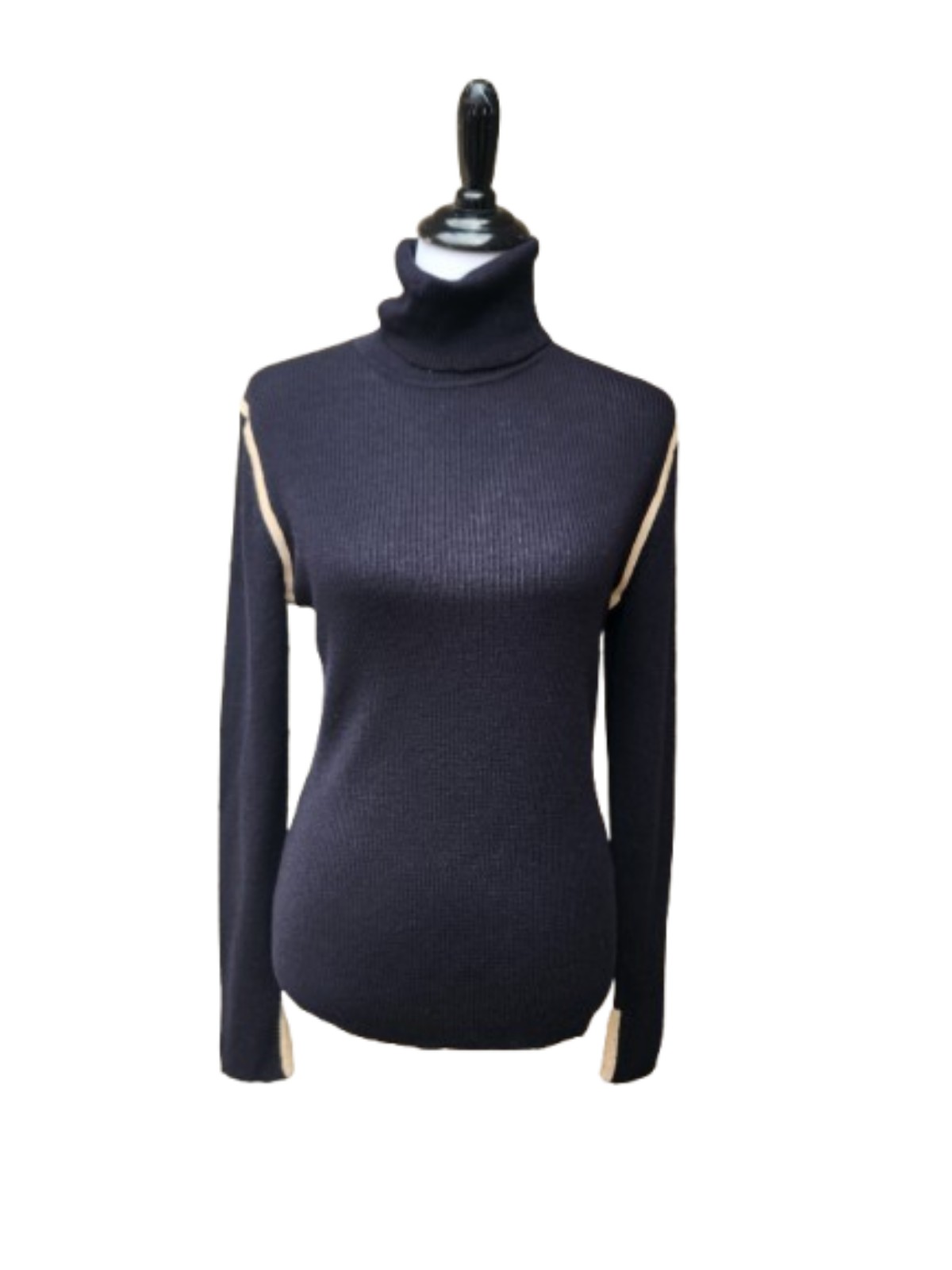 Equipment Black Rib-Knit Turtleneck Sweater 100% Wool Tan Trim Slit Cuffs