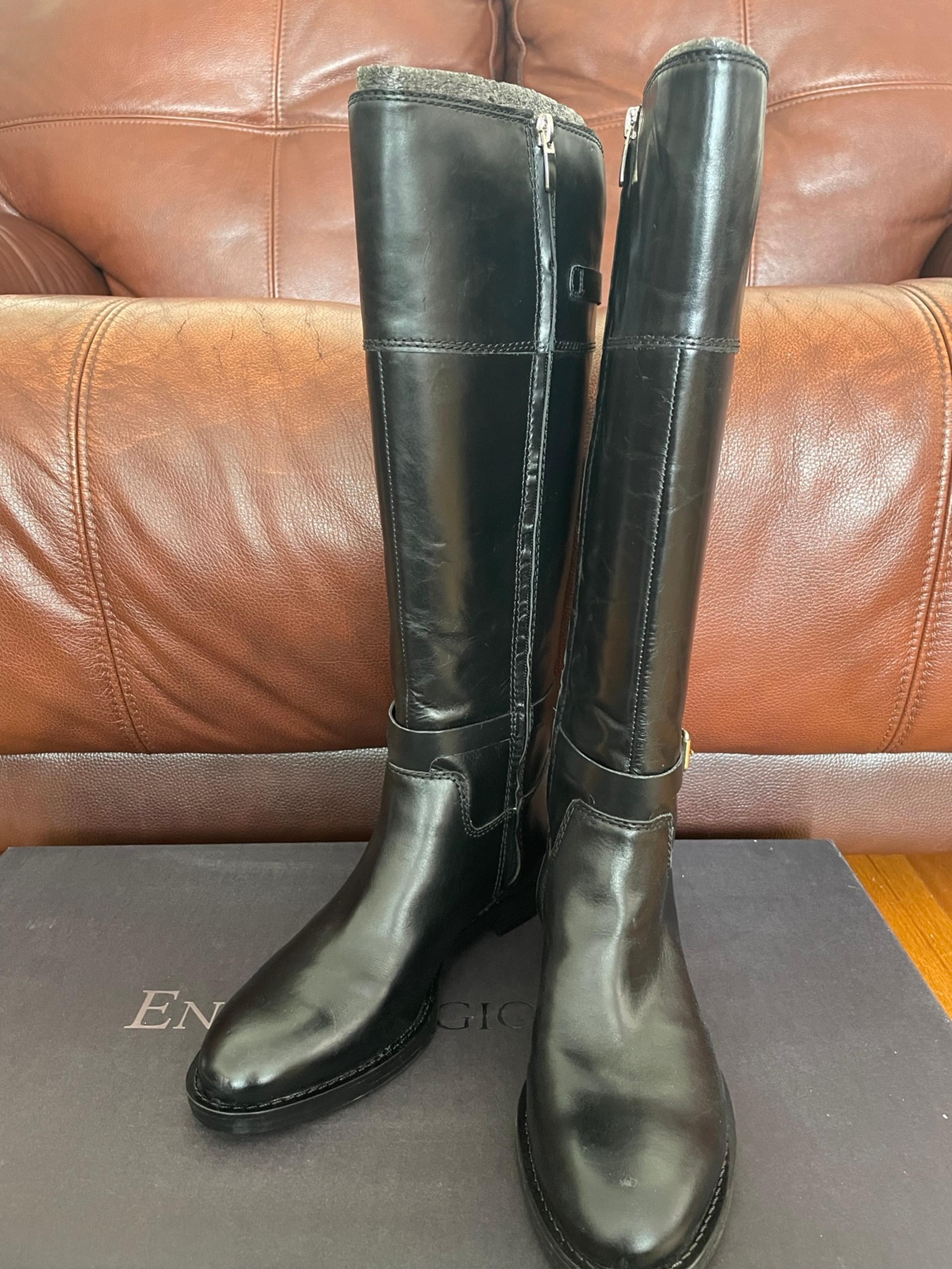 Women's Enzo Angiolini Knee High Black Leather EAEERO Boots Full Zip 8M NIB