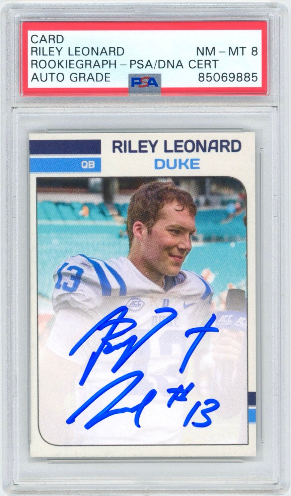 Riley Leonard Autographed Rookie RC Auto Duke Notre Dame Signed Card PSA 8