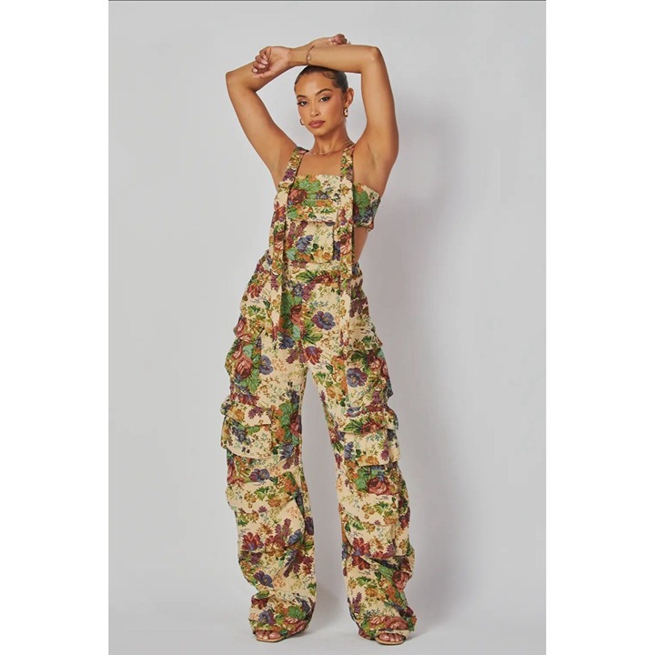 Women Tapestry Jacquard Cargo Overall Jumpsuit Floral Beige Size S Loose Fit 1