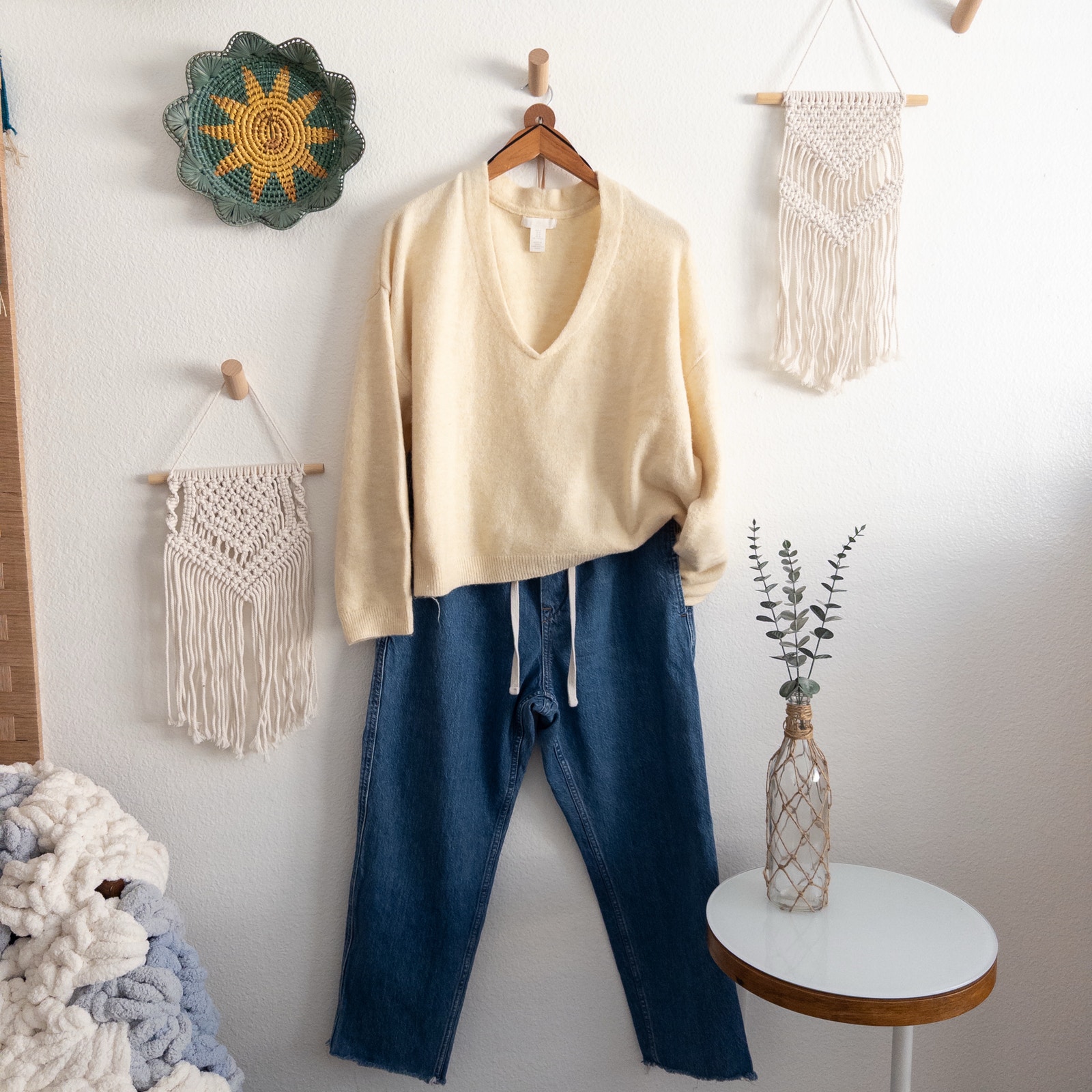 H&M Pale Yellow Wool Blend Sweater and Relaxed Fit Blue Pull-On Jeans Medium