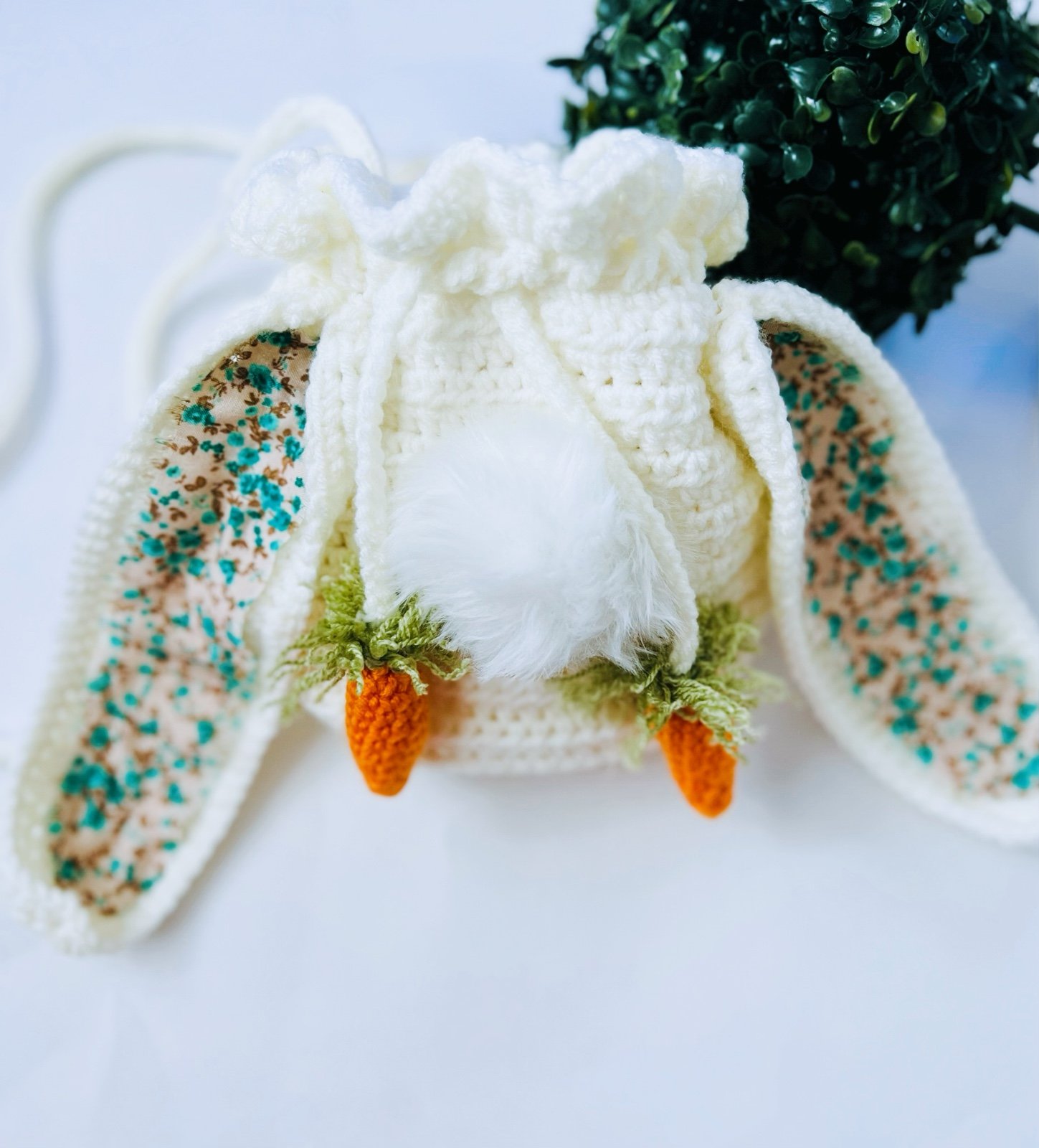 crocheted bunny messenger bag with matching bunny