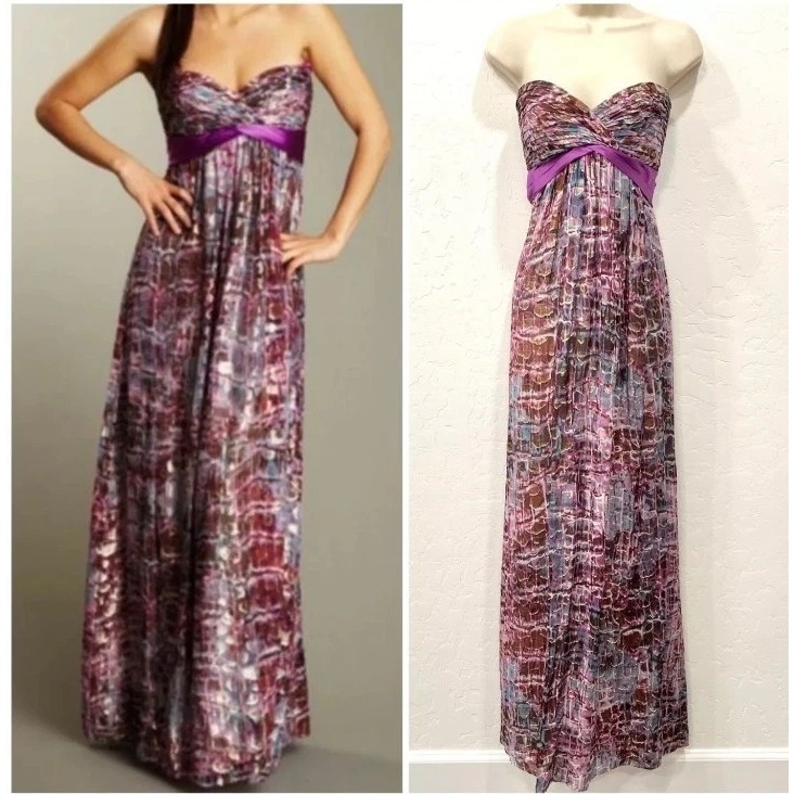 BCBG MaxAzria Silk Chiffon Metallic Strapless Purple Long Gown Womens 4 Prom