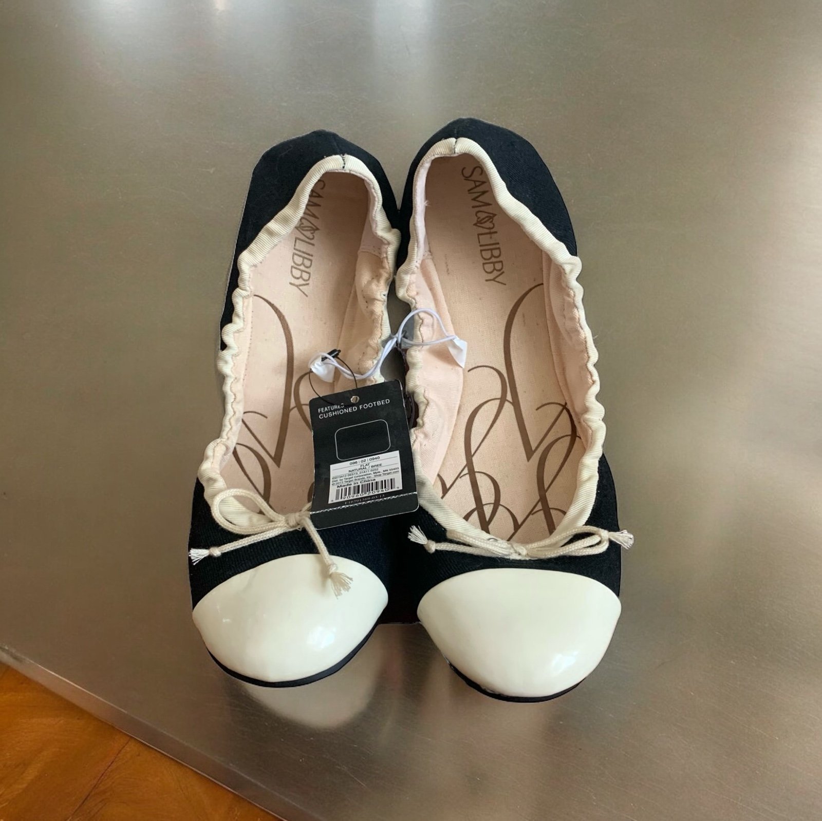Women's Shoes Sam & Libby Black Cream Elastic Bow Flats Ballet Shoes Ballets