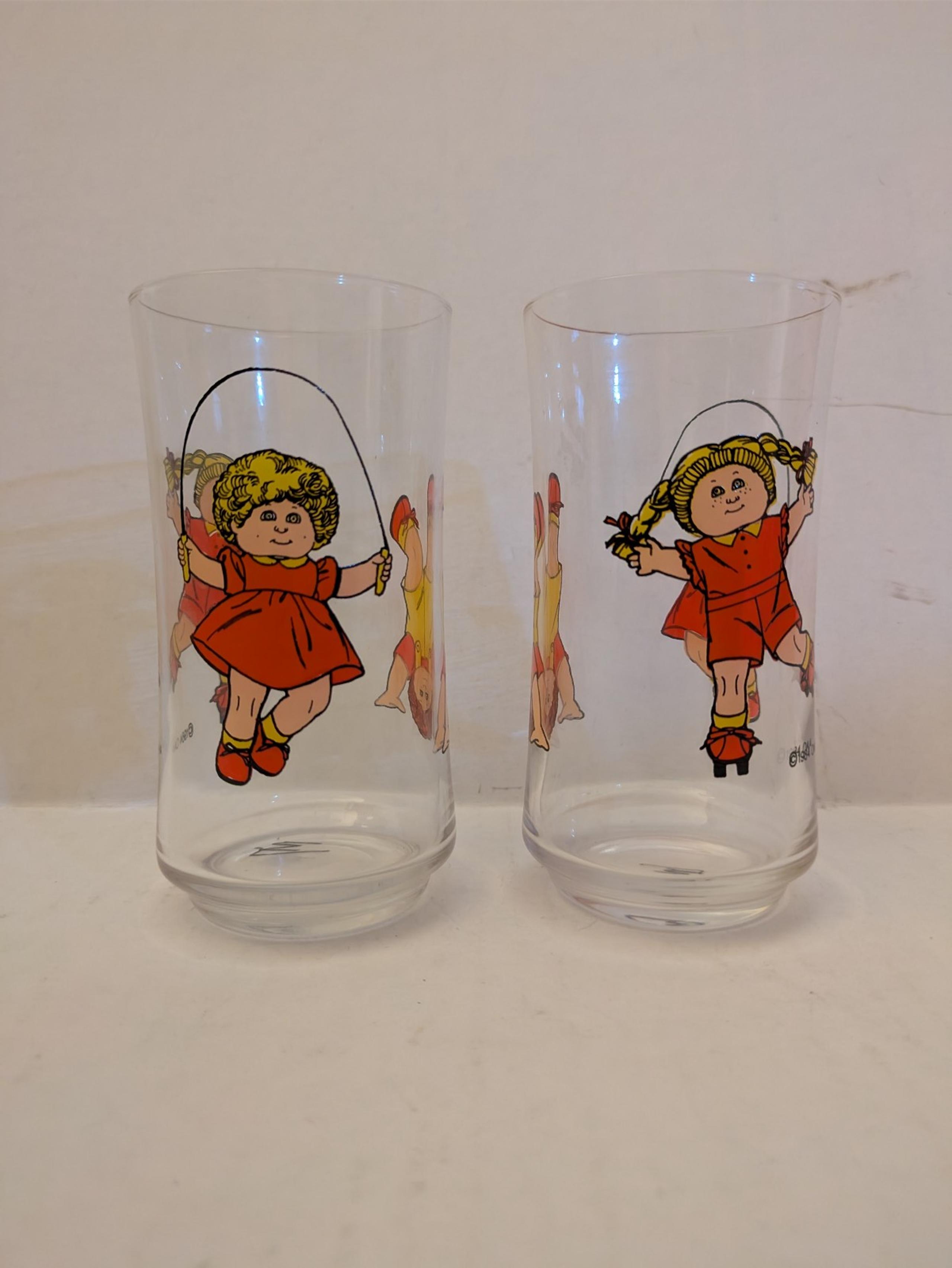 Cabbage Patch Kids glass 2 tumblers/glasses/cups.  jump rope girl roller