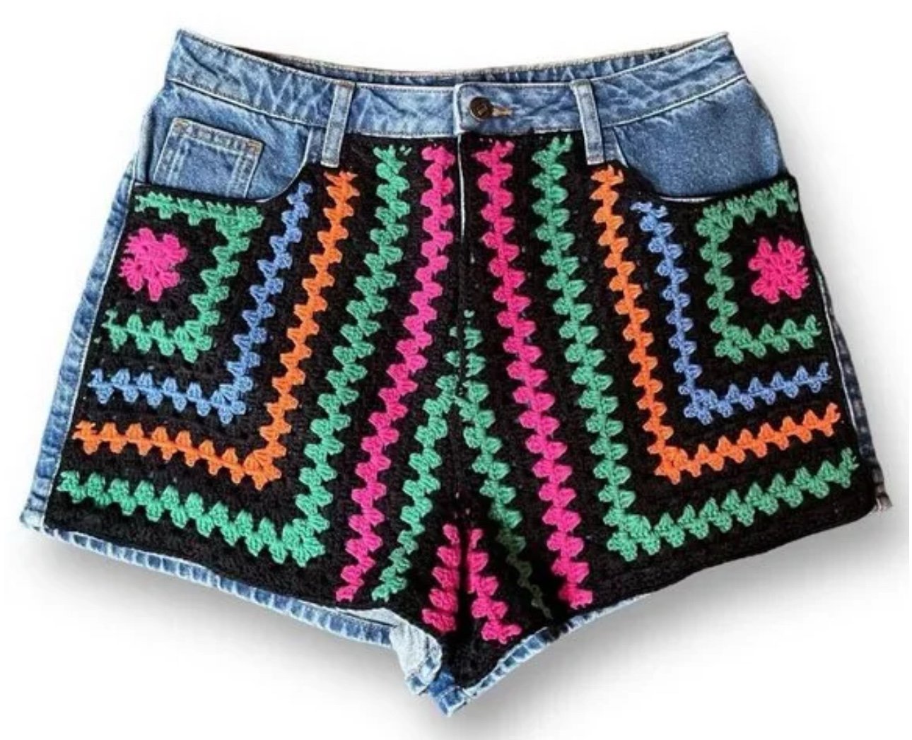 Farm Rio Crochet Paneled Denim Shorts